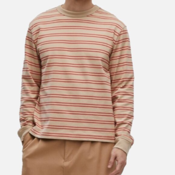Mode of One Mens Long Sleeve Relaxed Stripe T Shirt Cinnamon Brulee XXL - Picture 1 of 6